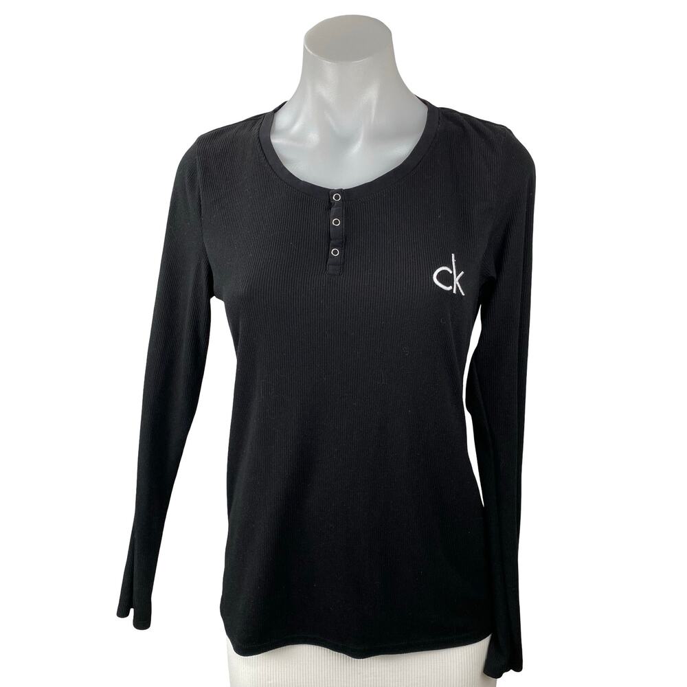 Calvin Klein Women's Black CK Logo Long Sleeve Henley T Shirt Tee Top Size XS